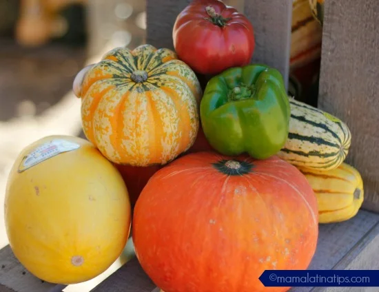A tower with pumpkins tutti frutti and bell peppers.