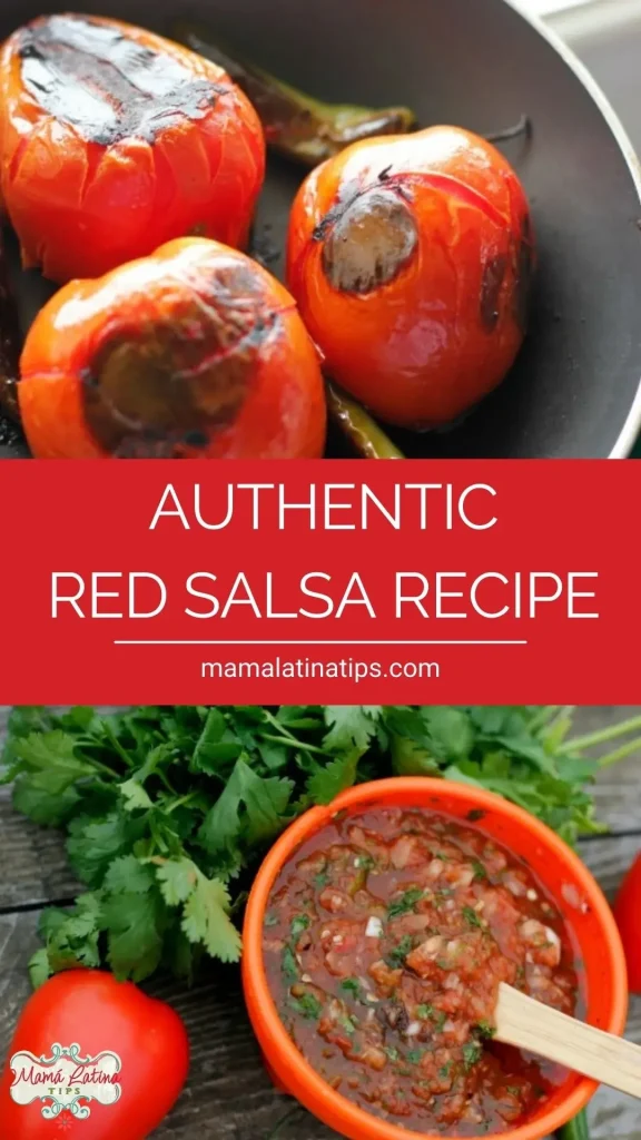 Pan of roasted tomatoes and peppers above, red salsa in a bowl with cilantro below, and text reading “Authentic Mexican Red Salsa Recipe” at the center.
