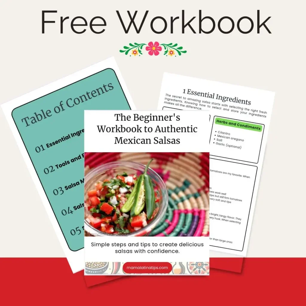 Check out the free workbook, "The Beginner's Workbook to Authentic Mexican Salsas," showcasing sample pages with a table of contents and vibrant salsa ingredients, including a special focus on crafting flavorful Mexican Red Salsa.