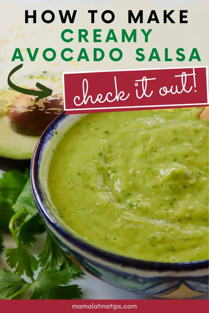 A bowl of creamy avocado salsa with vibrant cilantro, and an avocado half in the background. Text reads: "Discover how to make this delicious Avocado Salsa, check it out!.