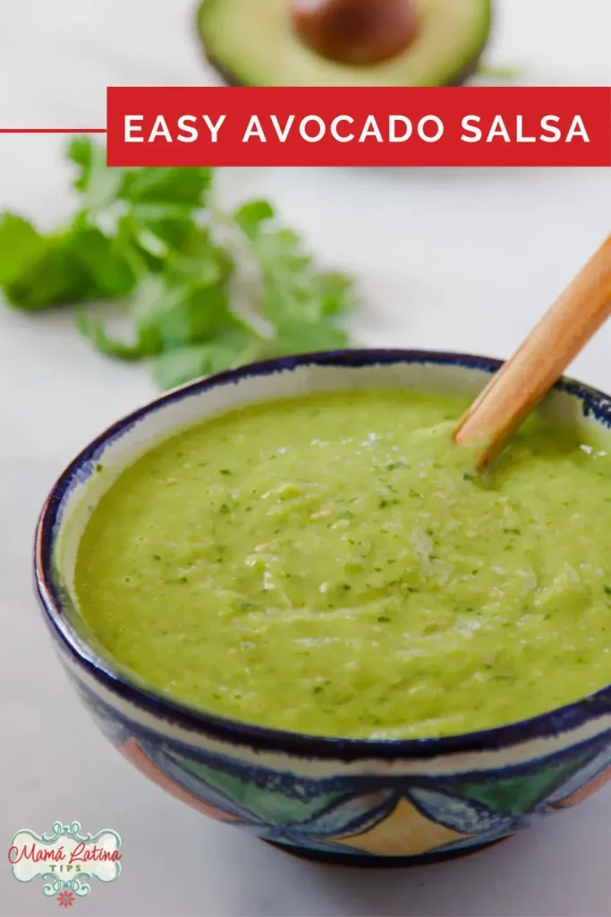 A bowl of vibrant avocado salsa with a wooden spoon invites you in. Fresh cilantro and a halved avocado add to the scene. Text at the top proudly announces "Easy Avocado Salsa.