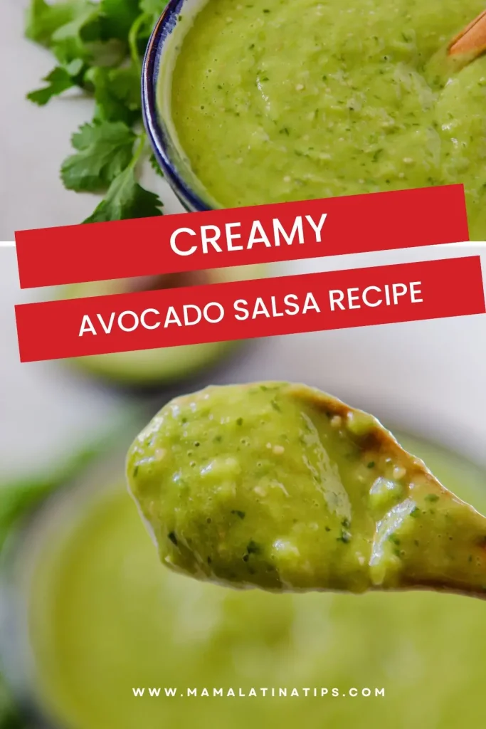 Close-up of creamy avocado salsa in a bowl, a spoonful lifted and encircled by fresh cilantro. Text on image reads: "Creamy Avocado Salsa Recipe" and "www.mamalatinatips.com".
