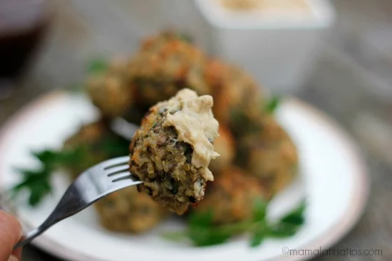 quinoa and crimini mushroom balls with dip