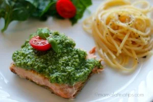 Salmon and Pesto by mamalatinatips.com