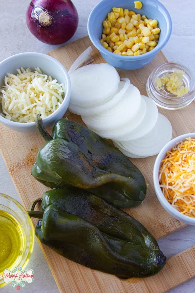 queso, cebolla, chiles poblanos y elote desgranado