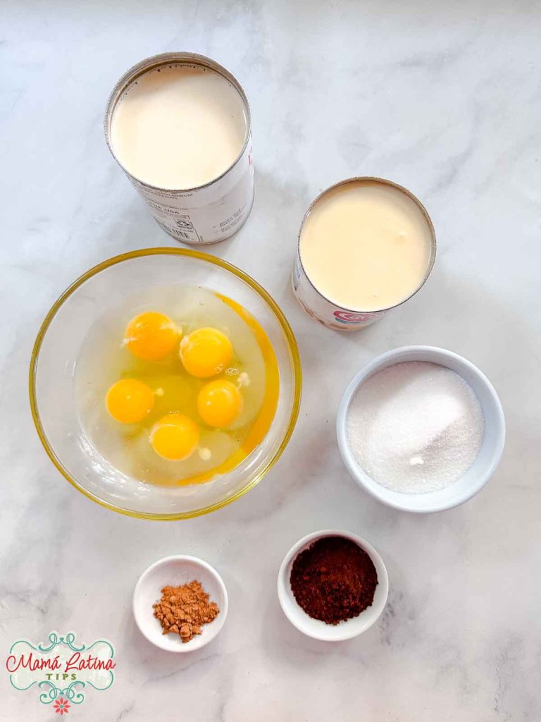 Ingredients arranged on a table: a bowl with eggs,  sugar, and small bowls with coffee and cinnamon. Plus a can of condensed milk and a can of evaporated milk.